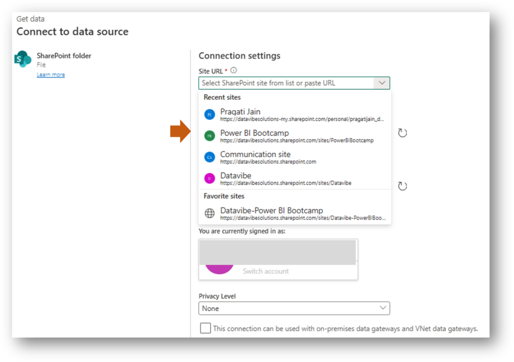 SharePoint Site Picker in Fabric: A screenshot of the new SharePoint Site Picker interface in Fabric. It displays a list of 'Frequent' and 'Followed' SharePoint sites, allowing the user to visually navigate through document libraries and folders instead of manually entering a web address.